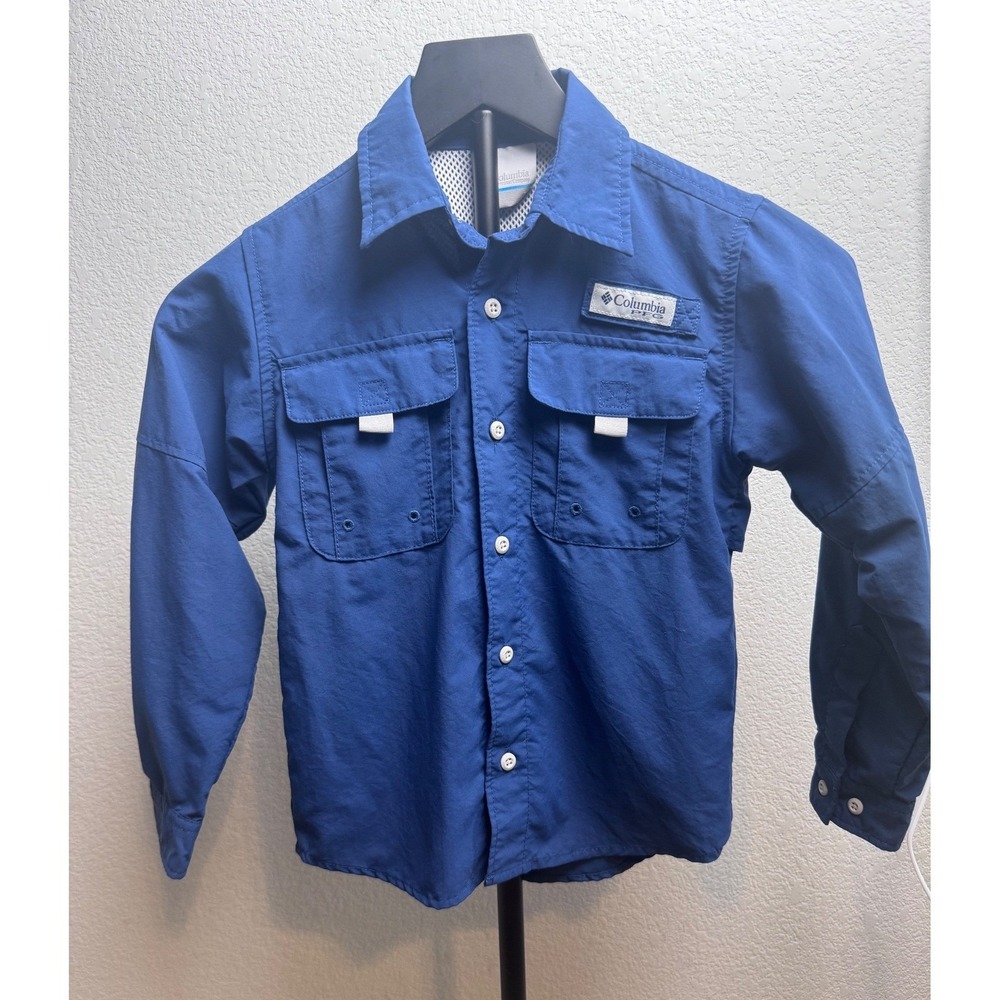 Columbia PFG Kids Blue Long Sleeve Fishing Shirt XS 6/7 Bahama Button Down